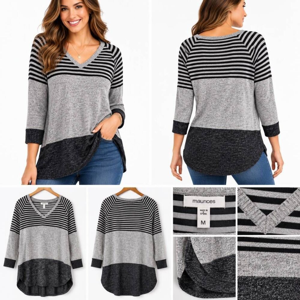 Maurices Gray Striped Colorblock Sweater Top Size M